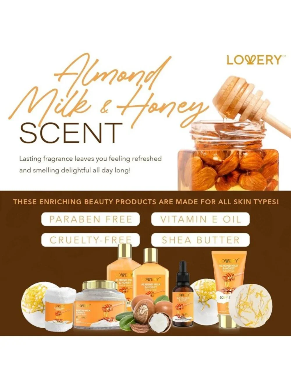 Pampering Spa Gift Basket for Women - 10 Pc Almond Milk & Honey Self Care Set